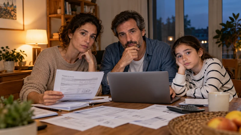 Famiglia italiana confronta offerte elettriche al tavolo di casa; immagine editoriale generata con IA.