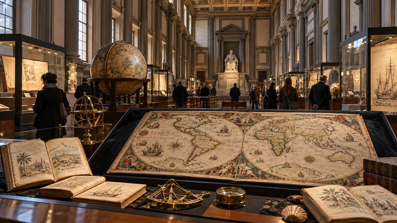 Illustrazione editoriale IA ultrarealistica della mostra Firenze globale con mappe e strumenti di navigazione alla Biblioteca Medicea Laurenziana; scena non documentaria.