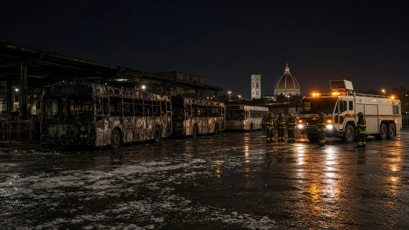 Deposito di autobus di notte con vigili del fuoco e mezzi anneriti; illustrazione editoriale, non il punto esatto dell’incendio.