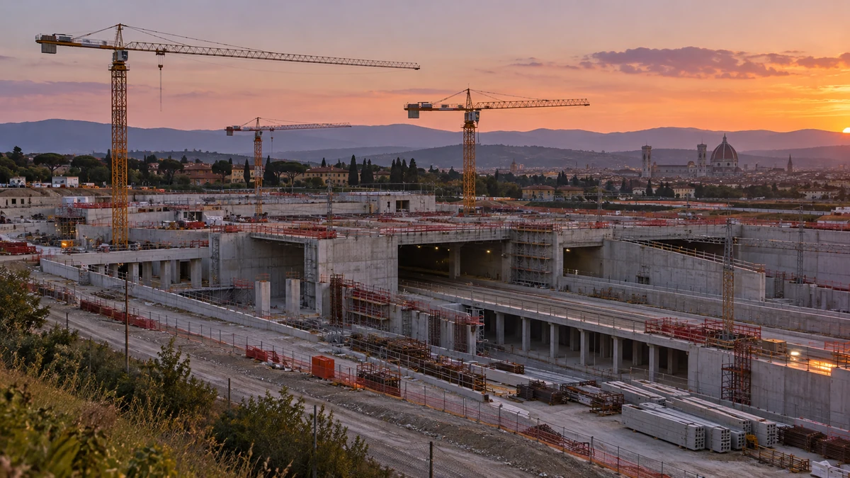 Illustrazione editoriale IA del cantiere AV di Firenze inattivo e senza persone.