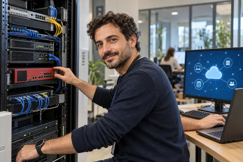 Tecnico di rete davanti a un firewall fisico in rack e a una console cloud; illustrazione editoriale IA non documentaria.