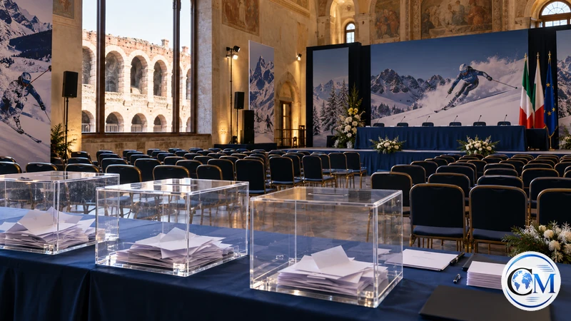 Illustrazione editoriale IA ultrarealistica di una sala assembleare sportiva a Verona; non ritrae la votazione FISI reale.