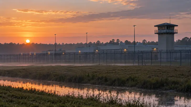 Esterno sobrio del carcere statale della Florida all'alba
