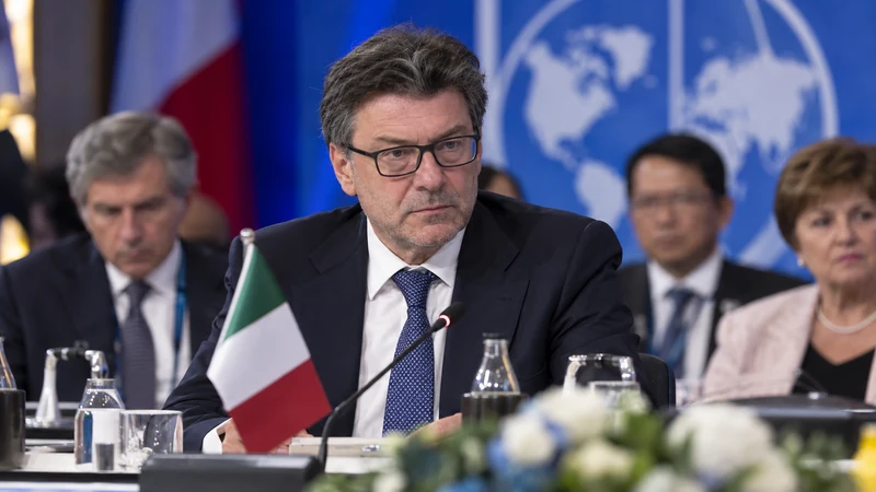 Giancarlo Giorgetti a una riunione finanziaria internazionale, illustrazione editoriale IA non documentaria.