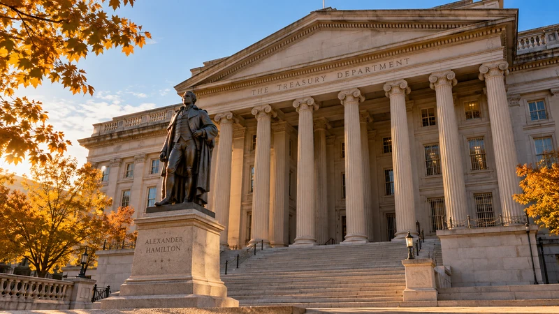 Illustrazione editoriale IA del reale edificio del Tesoro degli Stati Uniti a Washington; non è una fotografia della presentazione del Fiscal Monitor.