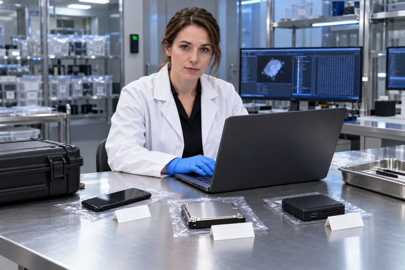 Analista forense esamina computer e telefono con strumenti di acquisizione; illustrazione editoriale IA non documentaria.