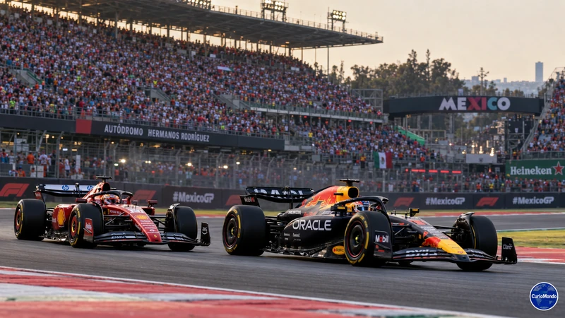 Illustrazione editoriale IA di monoposto sul circuito Hermanos Rodríguez durante il GP del Messico; scena non documentaria.