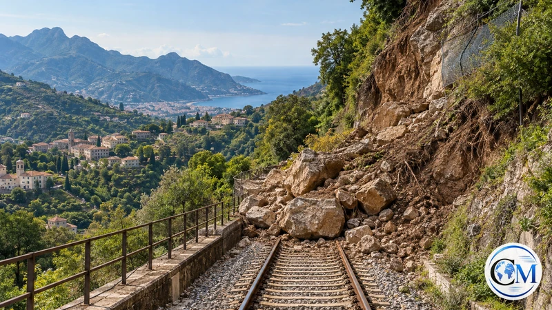 Ricostruzione editoriale IA di una linea ferroviaria vicino a un pendio franoso; non documenta il tratto reale né un incidente a un treno.