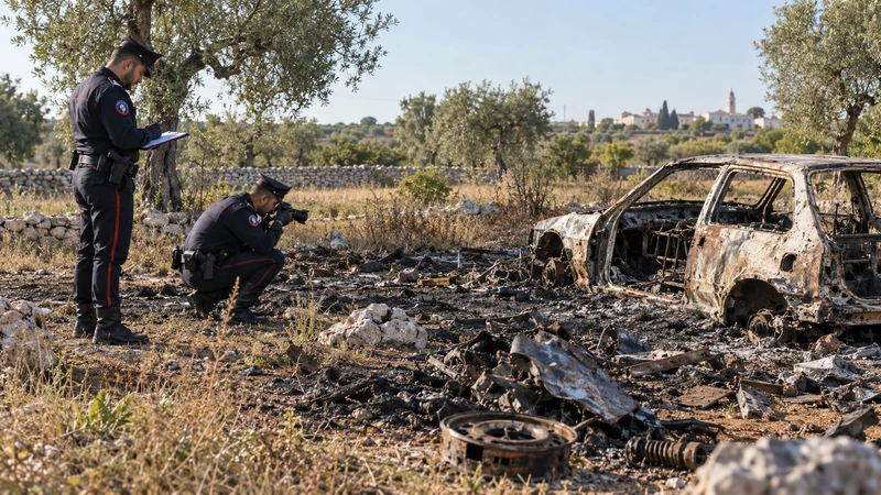 Illustrazione editoriale IA di veicoli bruciati in un’area rurale ispezionata dai Carabinieri forestali, senza fiamme né persone ferite; scena non documentaria.