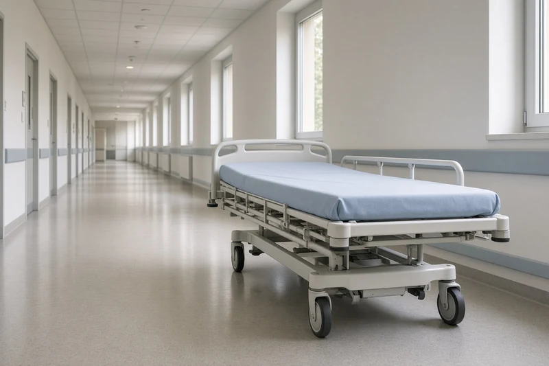 Illustrazione editoriale di un corridoio di ospedale materno a Salerno, senza persone; non è una fotografia documentaria.