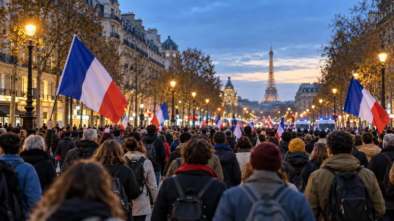 Scena editoriale IA di una manifestazione ordinata su un boulevard parigino con bandiere francesi e forze dell’ordine in lontananza.