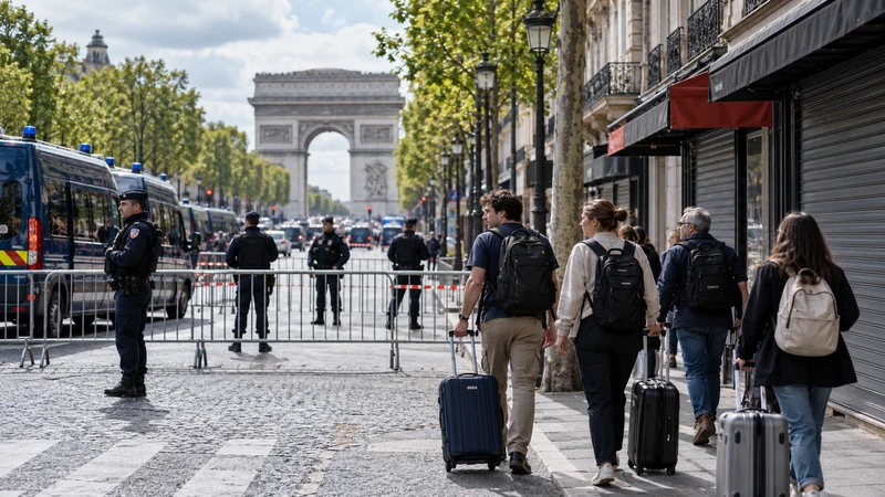 Illustrazione editoriale IA di viaggiatori a Parigi davanti a un perimetro di sicurezza, senza violenze in corso.