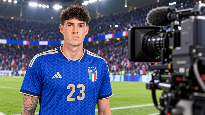 Illustrazione editoriale IA di Alessandro Bastoni con la maglia della Nazionale italiana accanto a una telecamera televisiva nello stadio; scena contestuale non documentaria.