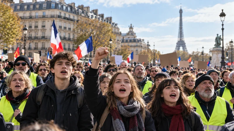 Illustrazione editoriale generata con IA che rappresenta in modo simbolico manifestanti a Parigi con bandiere francesi e gilet gialli; non documenta i cortei del 17 ottobre 2026.