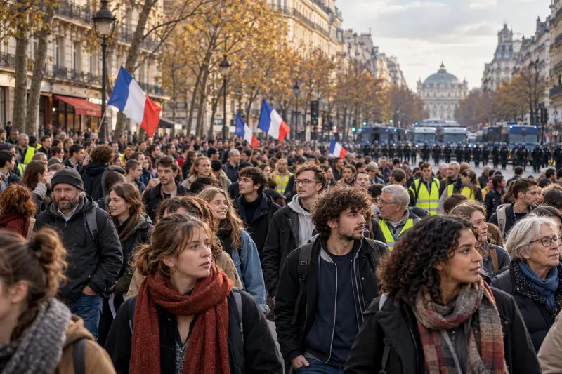 Grande corteo pacifico con studenti, lavoratori e famiglie in un viale parigino, bandiere francesi e polizia distante; illustrazione editoriale IA non documentaria.