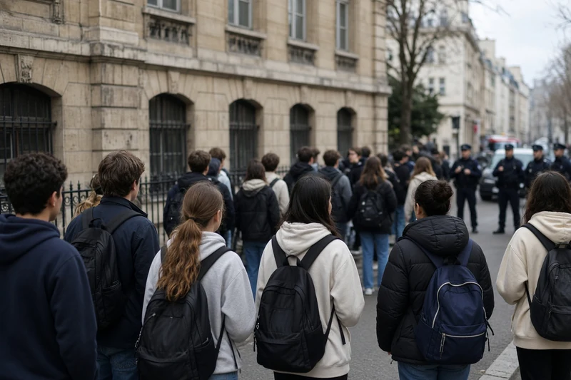 Studenti riuniti fuori da un liceo parigino, polizia in lontananza; illustrazione editoriale IA non documentaria.