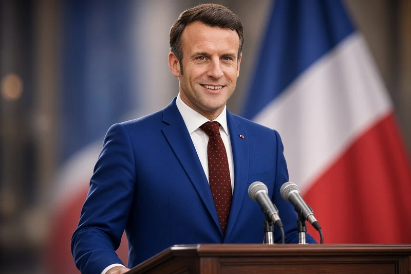 Emmanuel Macron al podio, illustrazione editoriale IA sul dispiegamento a Yanbu.