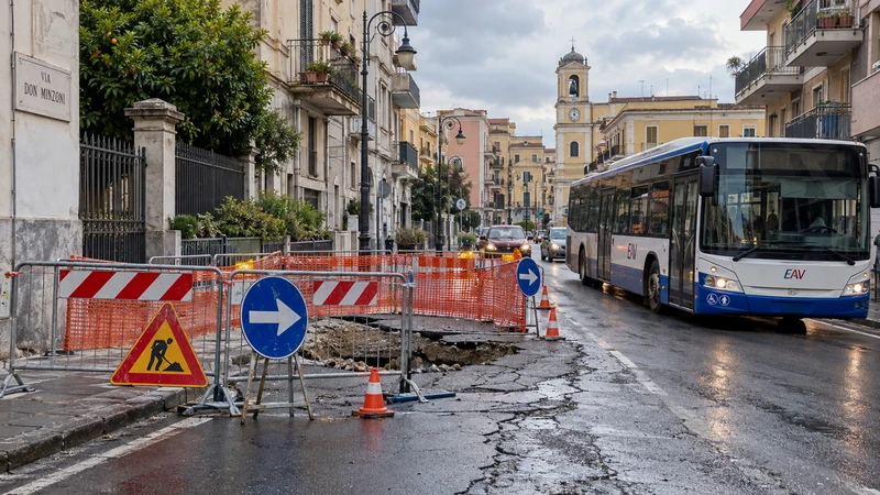 Illustrazione editoriale IA di un cedimento transennato in via Don Minzoni con un autobus EAV deviato; scena non documentaria.