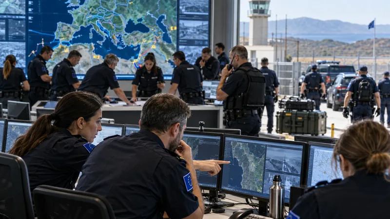 Centro europeo di coordinamento delle frontiere con agenti davanti a mappe operative, immagine editoriale IA