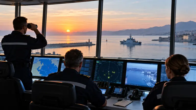 Illustrazione editoriale IA di un centro europeo di monitoraggio delle frontiere affacciato su un porto mediterraneo.