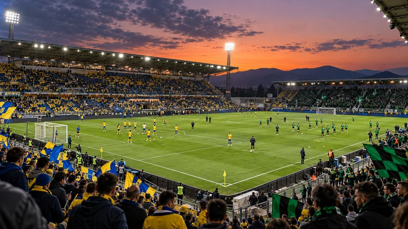 Illustrazione editoriale IA dello stadio Benito Stirpe prima di Frosinone-Sassuolo; scena non documentaria.