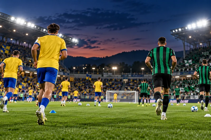 Calciatori in riscaldamento in uno stadio illuminato; illustrazione editoriale IA senza stemmi o giocatori identificabili.