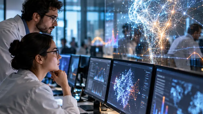 Ricercatori e responsabili finanziari controllano un sistema IA in un laboratorio sicuro, illustrazione editoriale IA non documentaria.