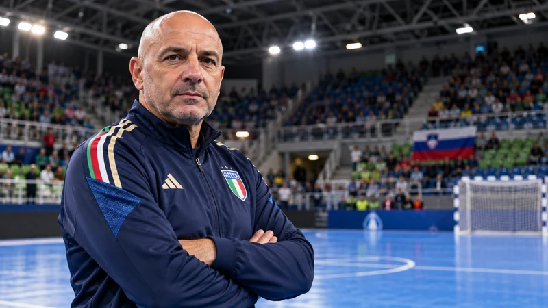 Somiglianza sintetica editoriale IA di Alfredo Paniccia in un palazzetto di futsal; scena contestuale non documentaria.