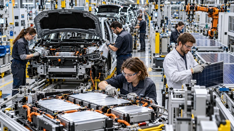Illustrazione editoriale IA di una fabbrica integrata di auto elettriche, batterie e pannelli solari; scena non documentaria.