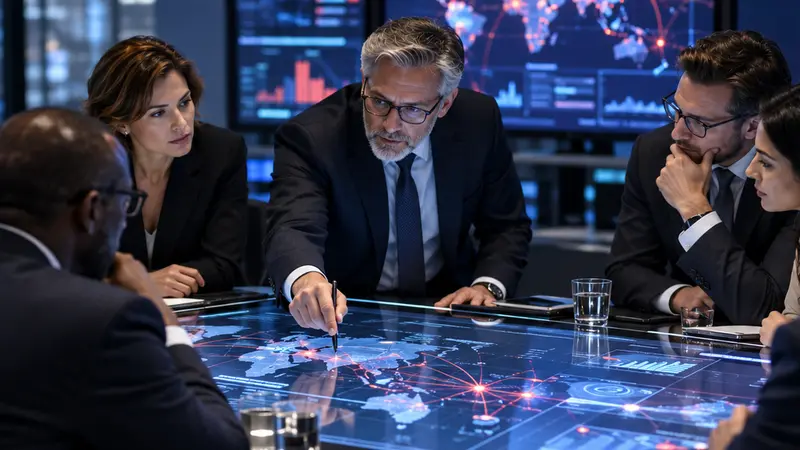 Esperti finanziari durante un’esercitazione di crisi cyber, illustrazione editoriale IA non documentaria.