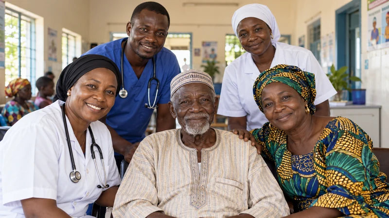 Illustrazione editoriale IA di un incontro sanitario e familiare in Gambia dedicato alla demenza; le persone non sono identificabili.