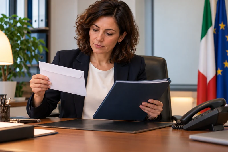 Illustrazione editoriale IA di una consulente che esamina documenti riservati sul recupero crediti; scena non documentaria.