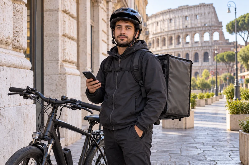 Illustrazione editoriale IA di un rider con bicicletta, telefono e borsa per consegne a Roma; scena non documentaria.