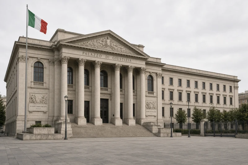 Facciata di un Palazzo di Giustizia italiano con bandiera; illustrazione editoriale IA non documentaria.
