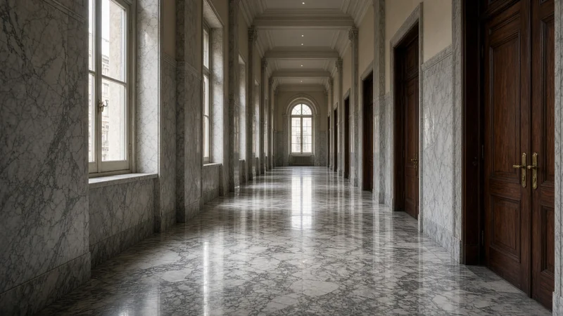 Facciata di un tribunale all'alba, scalinata vuota e portone chiuso