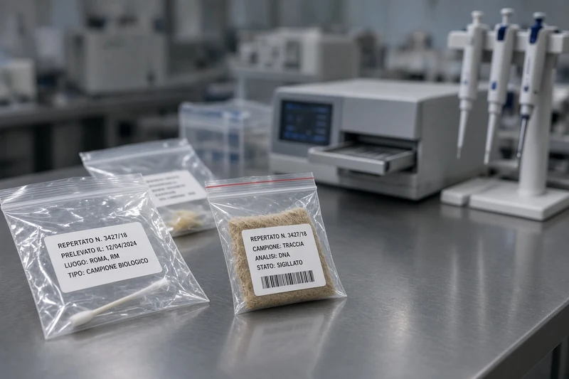 Laboratorio forense con reperti sigillati; illustrazione editoriale IA non documentaria.