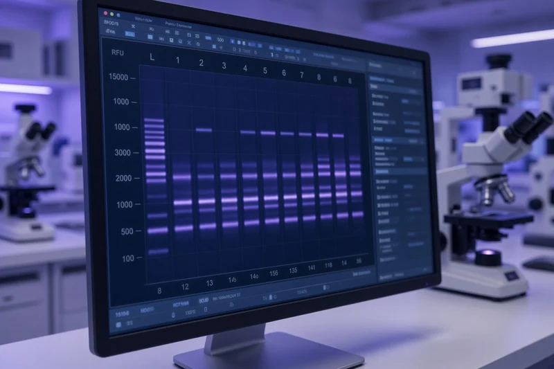 Monitor di laboratorio forense con elettroferogramma DNA a picchi viola su griglia scura; illustrazione editoriale IA non documentaria.