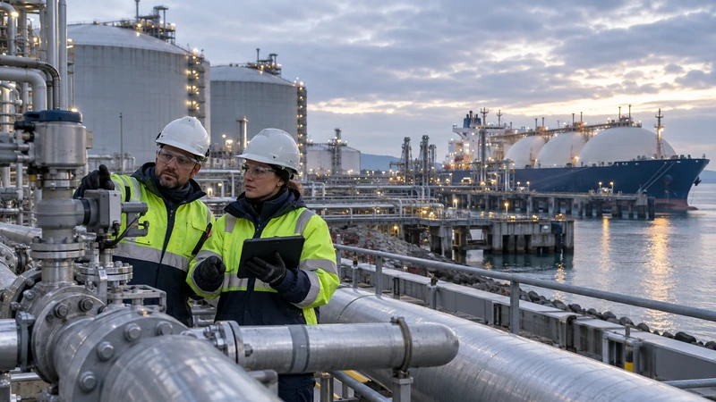 Illustrazione editoriale IA di tecnici in un terminale europeo di gas naturale liquefatto; scena non documentaria.