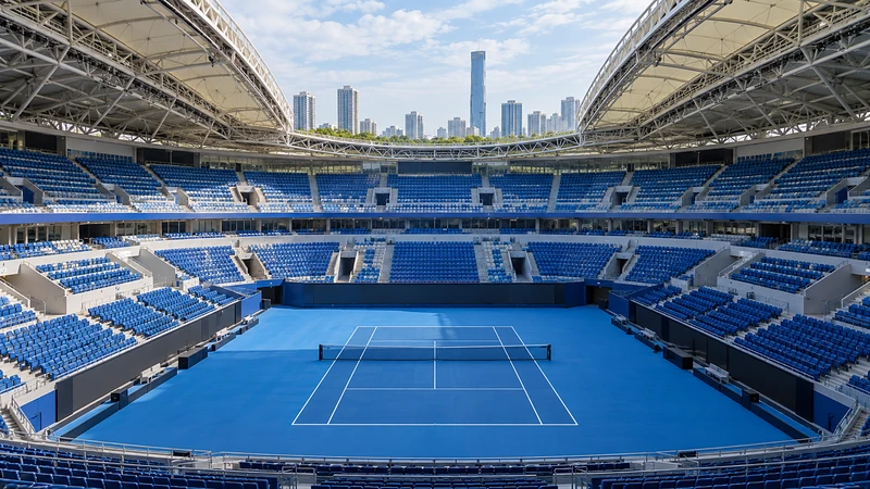 Illustrazione editoriale IA di un campo da tennis nel contesto del Wuhan Open; copertina senza atlete, non fotografia del torneo.