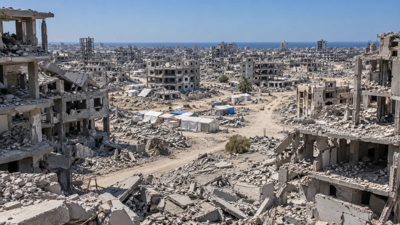 Illustrazione editoriale IA del paesaggio urbano distrutto di Gaza con edifici in macerie e tende, senza persone; immagine di contesto non documentaria.