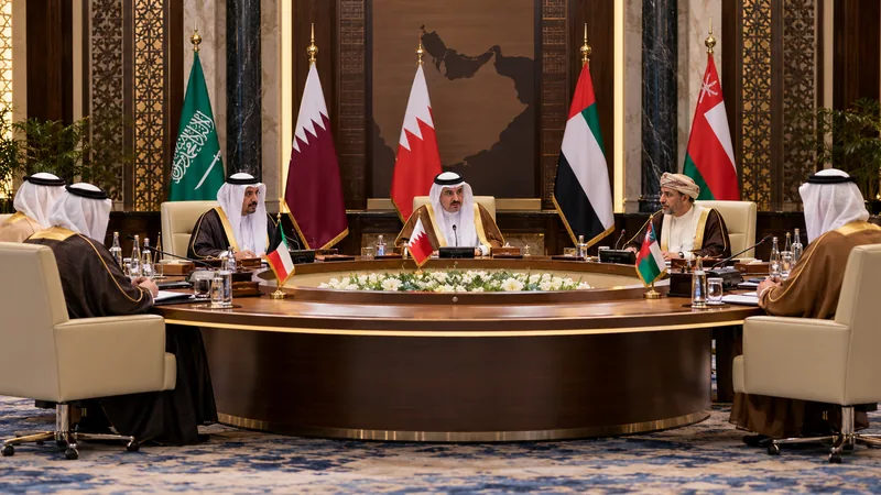 Illustrazione editoriale IA di una riunione dei ministri del Consiglio di cooperazione del Golfo a Manama.