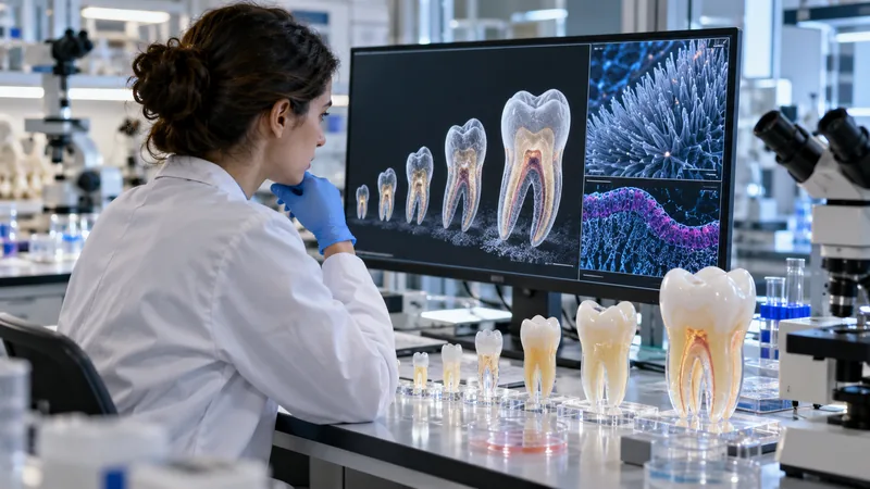 Ricercatrice osserva modelli tridimensionali di denti in un laboratorio, immagine editoriale IA