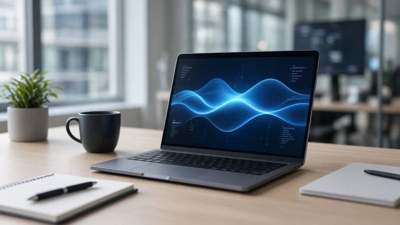 Laptop su scrivania con grafica astratta blu; illustrazione editoriale IA non documentaria.