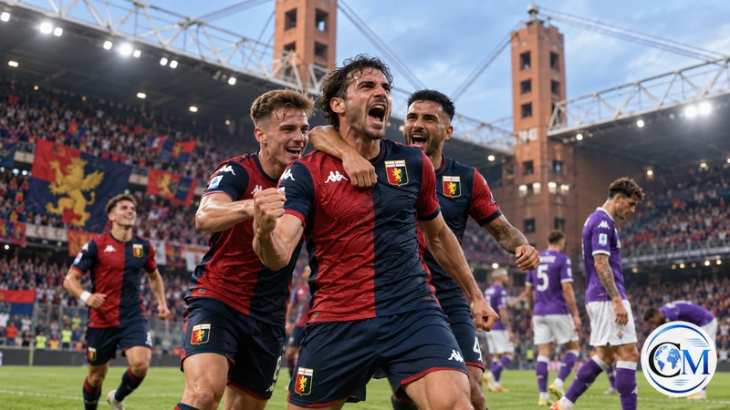 Illustrazione editoriale IA ultrarealistica del Ferraris e di una celebrazione calcistica; non è una fotografia di Genoa-Fiorentina.