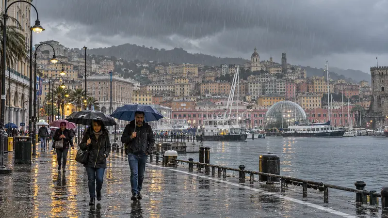 Illustrazione editoriale IA di pioggia intensa su una strada di Genova al crepuscolo, senza persone in pericolo; non è una fotografia documentaria.