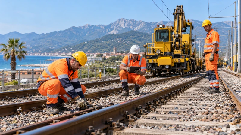 Illustrazione editoriale IA di tecnici al lavoro sulla ferrovia costiera toscana nei pressi di Pietrasanta; non documenta il cantiere reale.