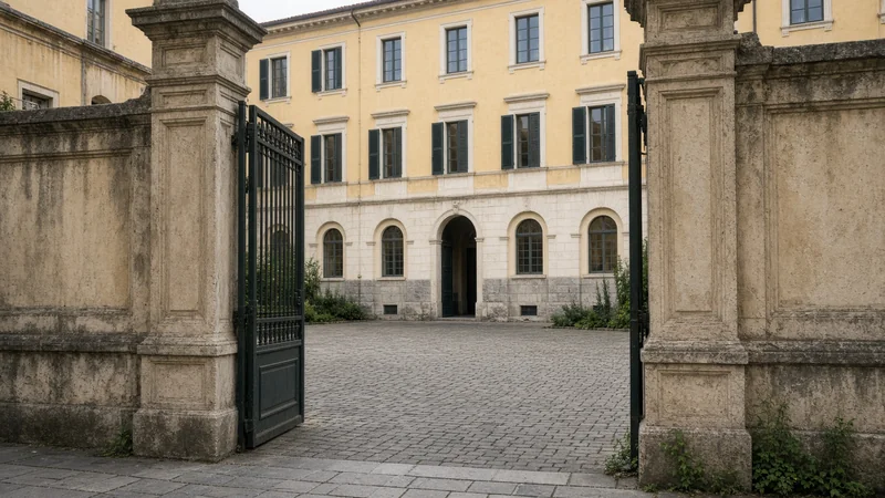 Cancello di una scuola storica al mattino con un telo bianco senza scritte, sagome lontane e nessun volto riconoscibile.