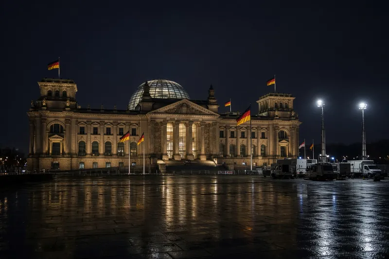 Illustrazione editoriale generata con IA: il palazzo del Reichstag a Berlino illuminato di notte, con bandiere tedesche e mezzi della televisione in piazza, senza politici riconoscibili; non è una fotografia documentaria.