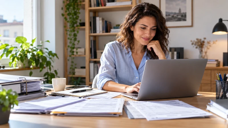 Professionista italiano controlla contributi al computer; immagine editoriale generata con IA.