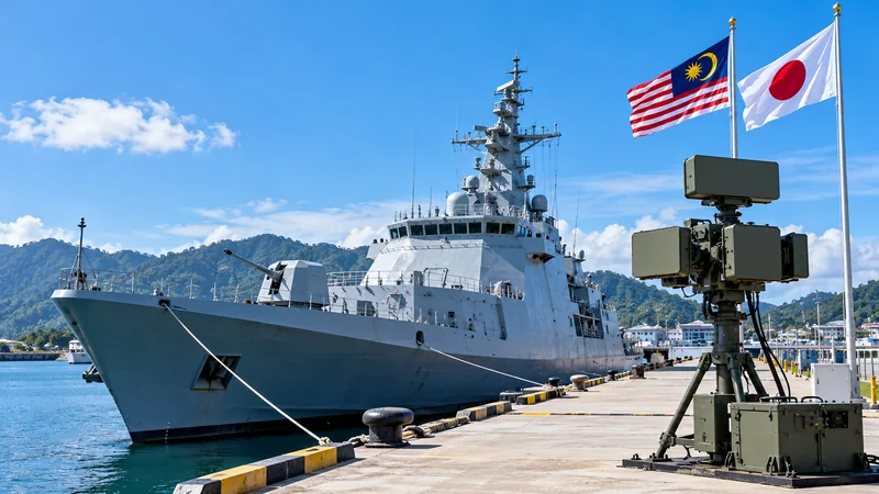 Illustrazione editoriale IA di una nave della Marina malese con sistema anti-drone e bandiere di Malaysia e Giappone; scena non documentaria.